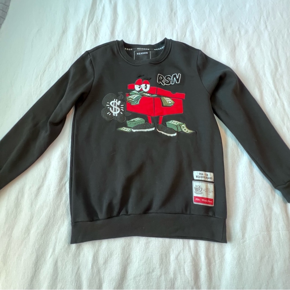 Reason Sweatshirt Men’s Lg Crewneck Black/Red Stash Box Embroidered Patch NWT - Picture 4 of 10